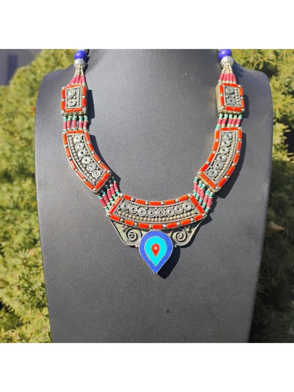 Handmade Tibetan Silver Turquoise Coral Lapis Lazuli Necklace Tribal Boho Collar